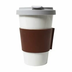 Porzellanbecher Dibbern Bone China Weiß Coffee-To-Go Becher Mit Brauner Lederbanderole