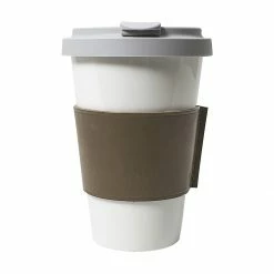Porzellanbecher Dibbern Bone China Weiß Coffee-To-Go Becher Mit Taupe Farbener Lederbanderole