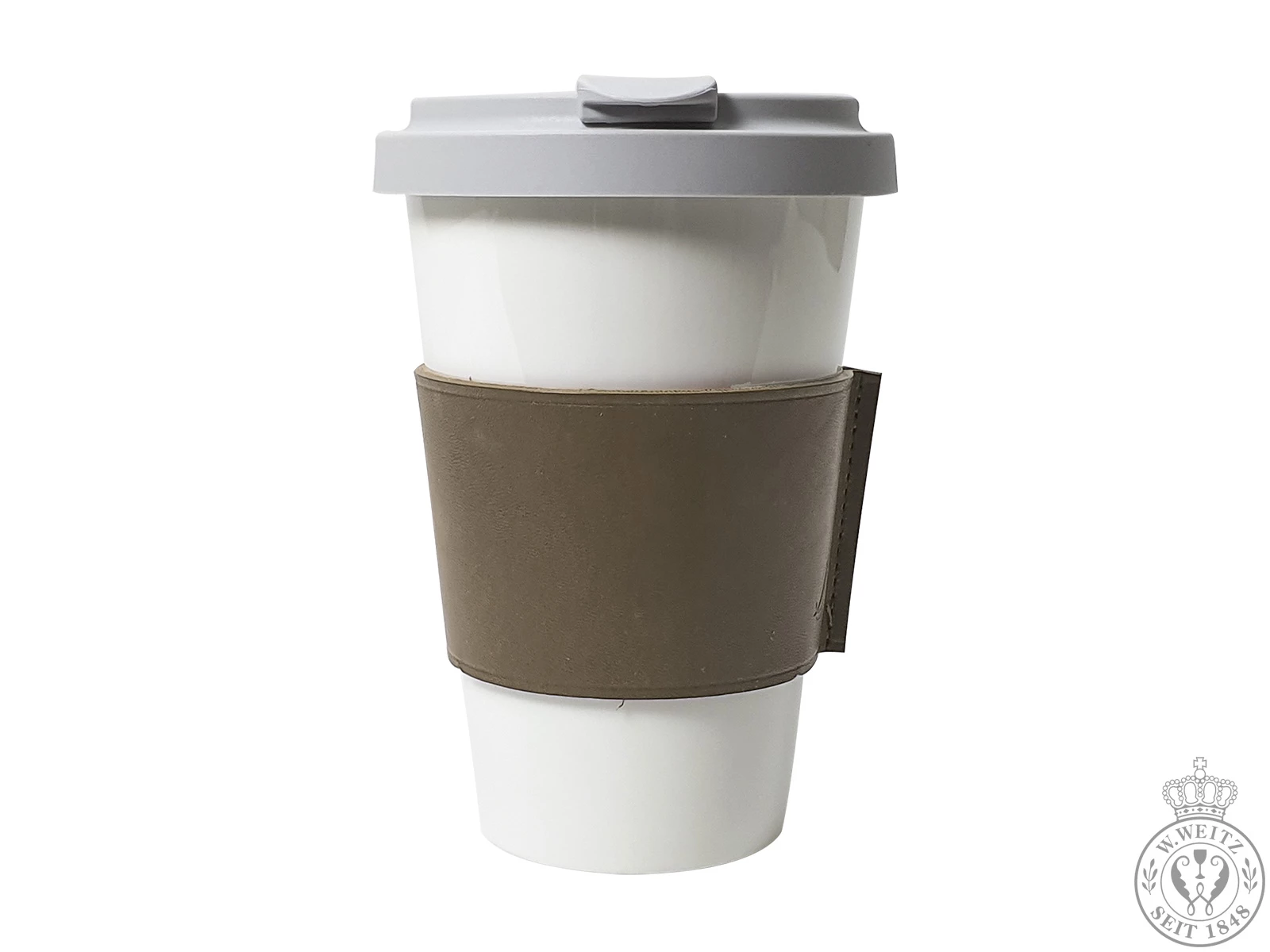 Porzellanbecher Dibbern Bone China Weiß Coffee-To-Go Becher Mit Taupe Farbener Lederbanderole 1 Porzellanbecher Dibbern Bone China Weiß Coffee-To-Go Becher Mit Taupe Farbener Lederbanderole
